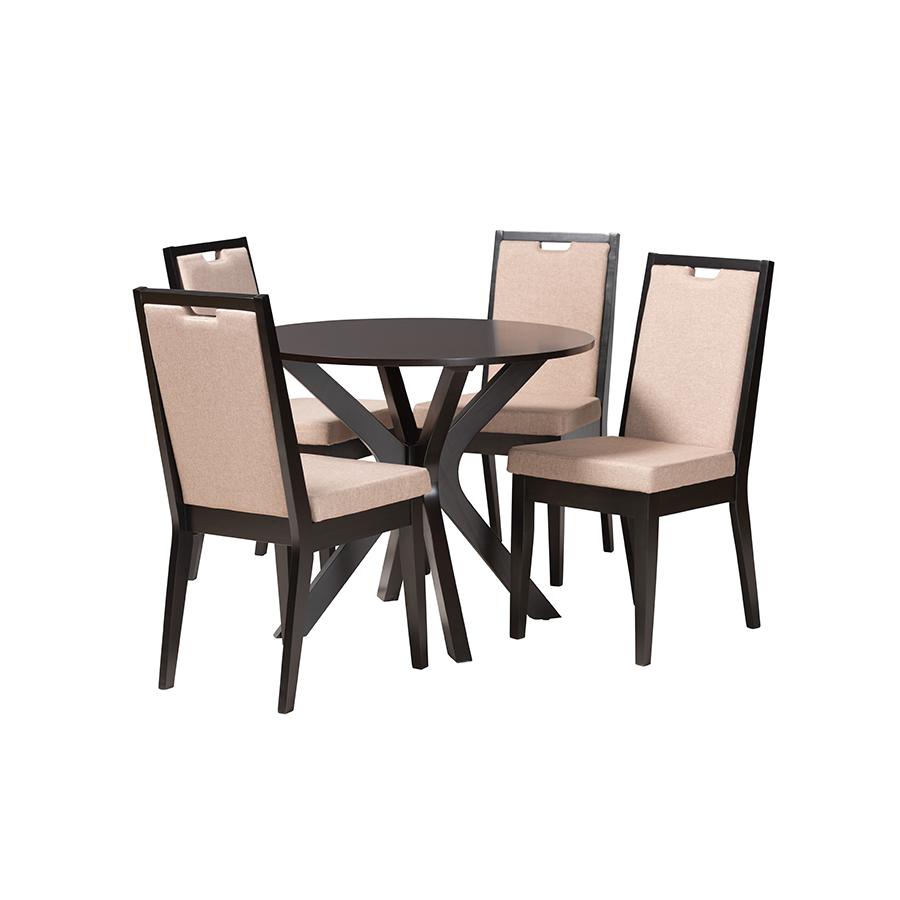 Eira Modern Sand Fabric and Dark Brown Finished Wood 5-Piece Dining Set. Picture 1