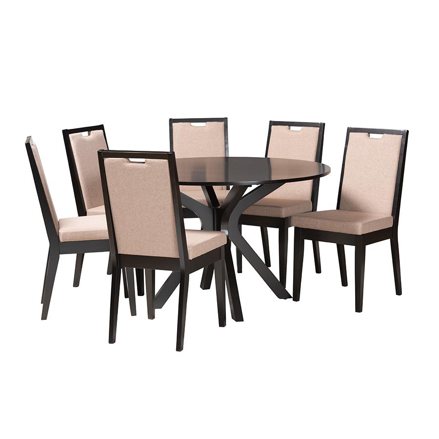 Eira Modern Sand Fabric and Dark Brown Finished Wood 7-Piece Dining Set. Picture 1