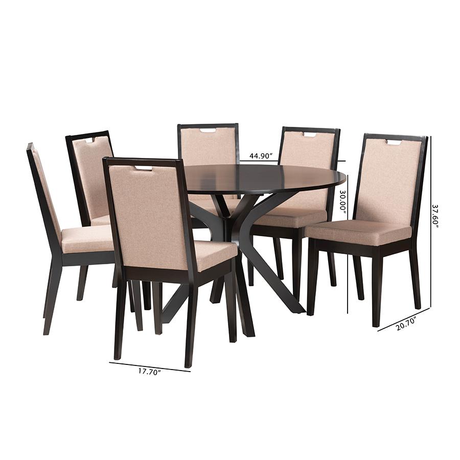 Eira Modern Sand Fabric and Dark Brown Finished Wood 7-Piece Dining Set. Picture 10