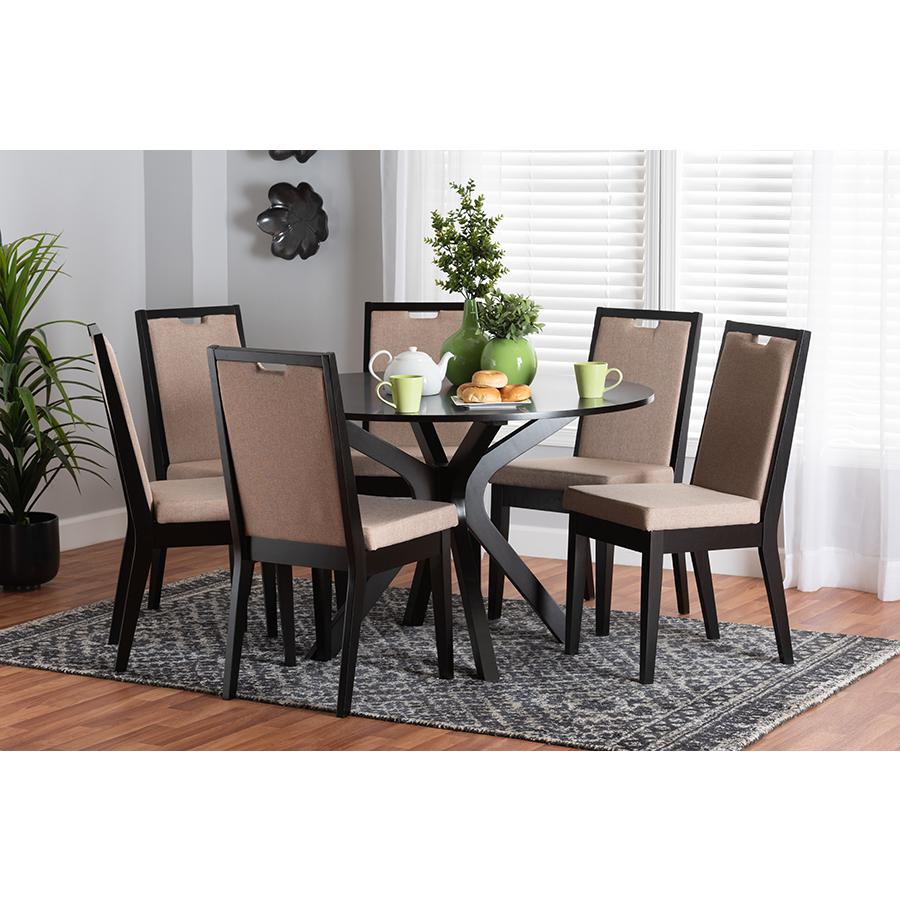 Eira Modern Sand Fabric and Dark Brown Finished Wood 7-Piece Dining Set. Picture 8