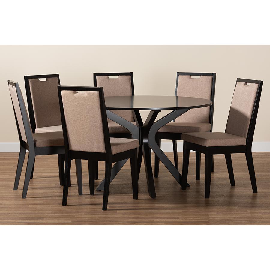 Eira Modern Sand Fabric and Dark Brown Finished Wood 7-Piece Dining Set. Picture 9