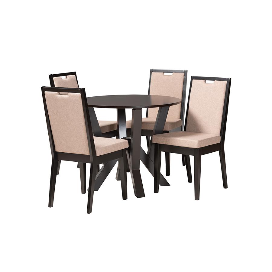 Ansa Modern Sand Fabric and Dark Brown Finished Wood 5-Piece Dining Set. Picture 1