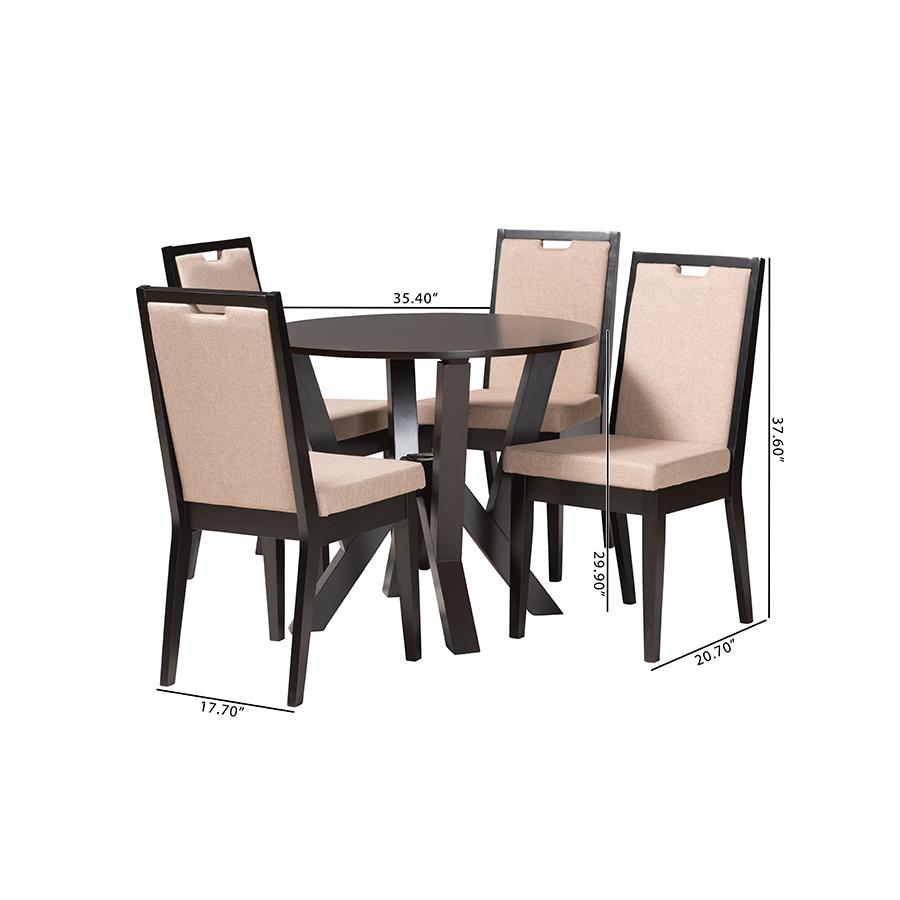 Ansa Modern Sand Fabric and Dark Brown Finished Wood 5-Piece Dining Set. Picture 10