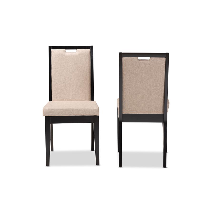 Sand Fabric Upholstered and Dark Brown Finished Wood 2-Piece Dining Chair Set. Picture 2