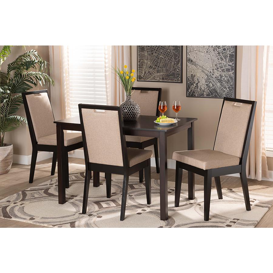 Sand Fabric Upholstered and Dark Brown Finished Wood 5-Piece Dining Set. Picture 8