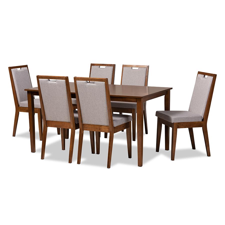 Baxton Studio Rosa Modern and Contemporary Grey Fabric Upholstered and Walnut Brown Finished Wood 7-Piece Dining Set. Picture 2