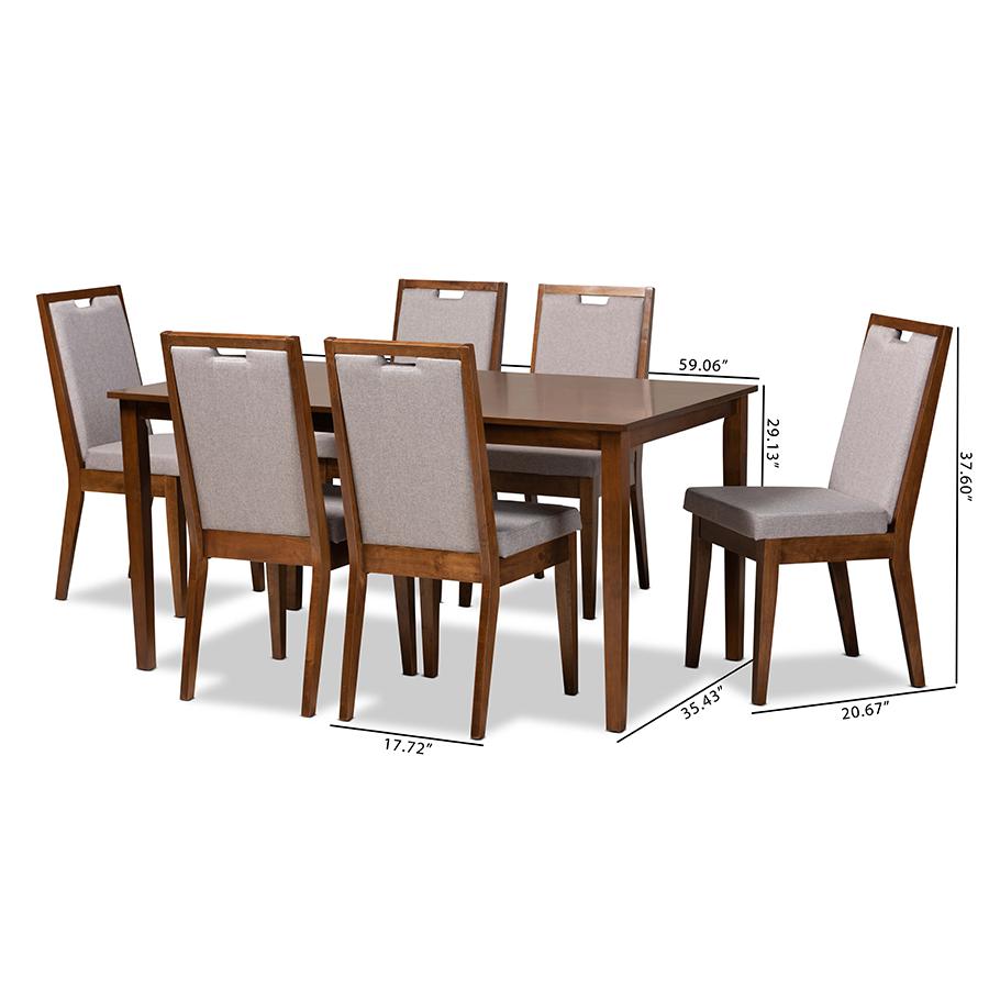 Baxton Studio Rosa Modern and Contemporary Grey Fabric Upholstered and Walnut Brown Finished Wood 7-Piece Dining Set. Picture 11