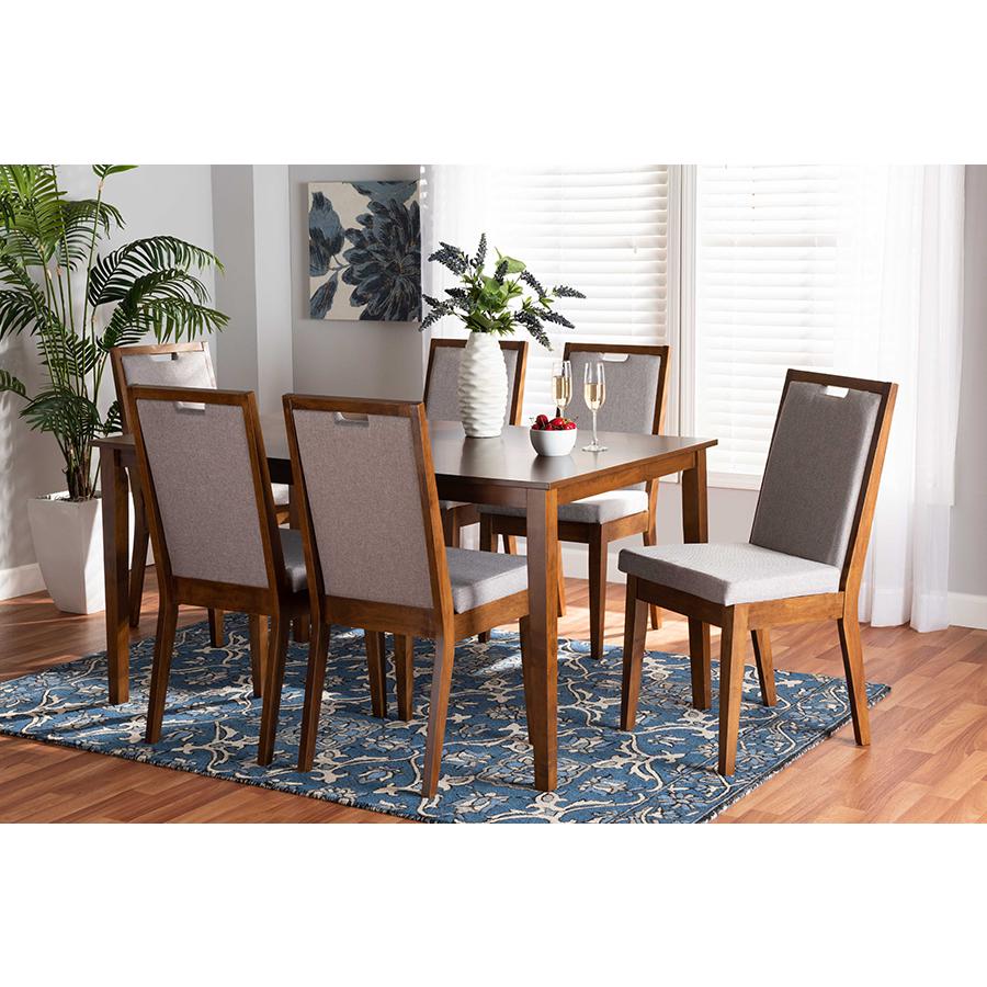 Baxton Studio Rosa Modern and Contemporary Grey Fabric Upholstered and Walnut Brown Finished Wood 7-Piece Dining Set. Picture 1