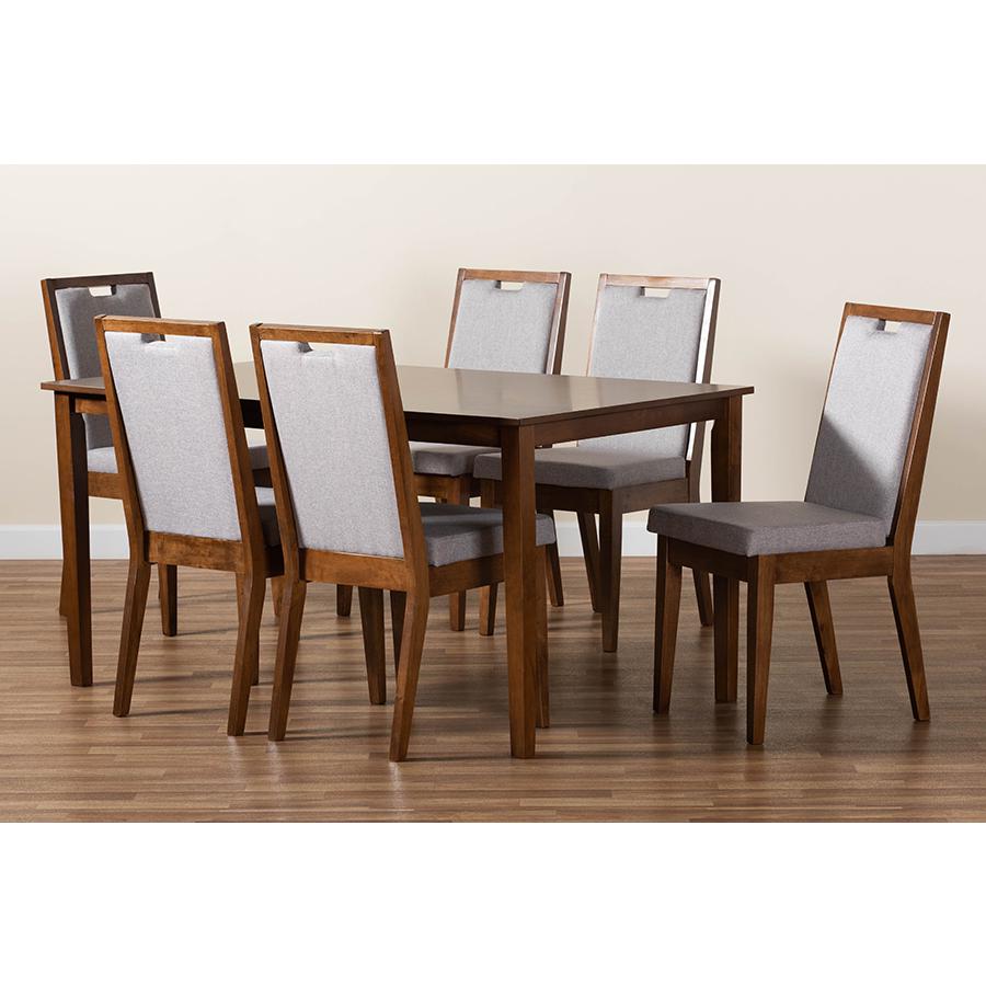 Baxton Studio Rosa Modern and Contemporary Grey Fabric Upholstered and Walnut Brown Finished Wood 7-Piece Dining Set. Picture 10