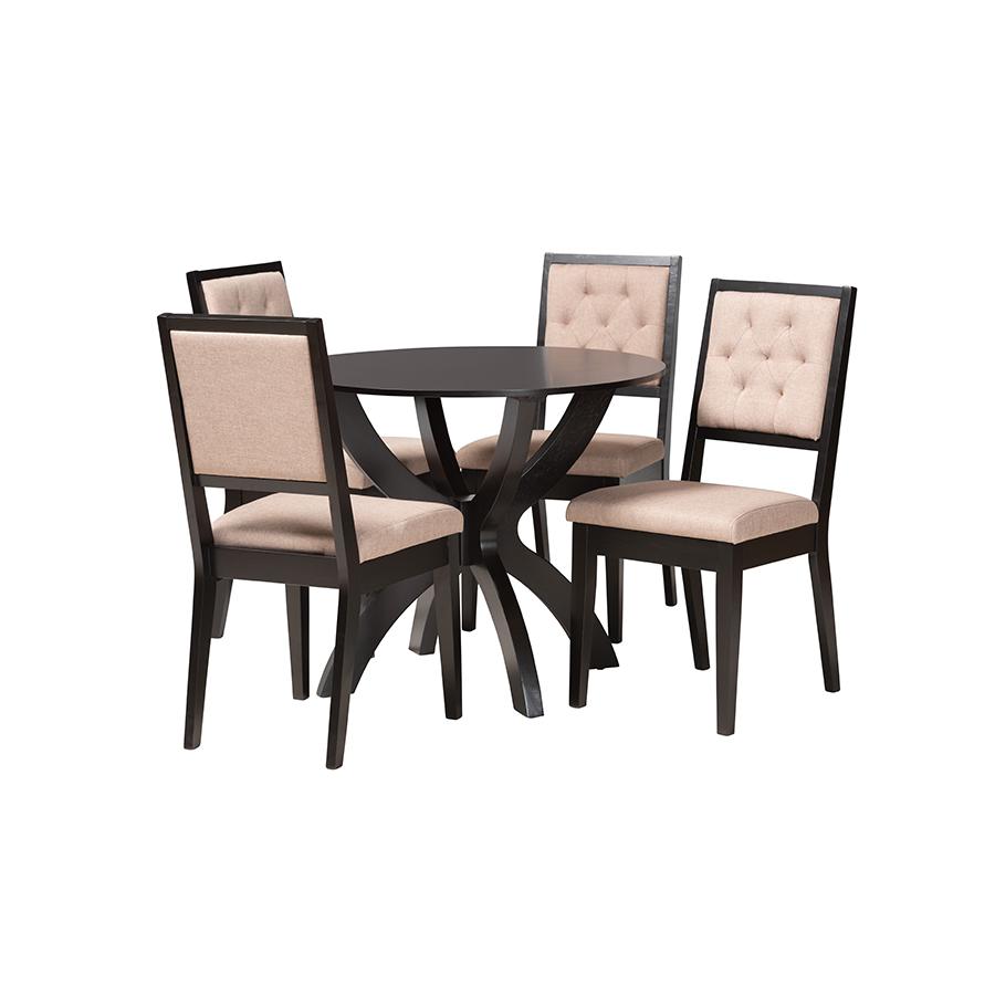 Noe Modern Sand Fabric and Dark Brown Finished Wood 5-Piece Dining Set. Picture 1