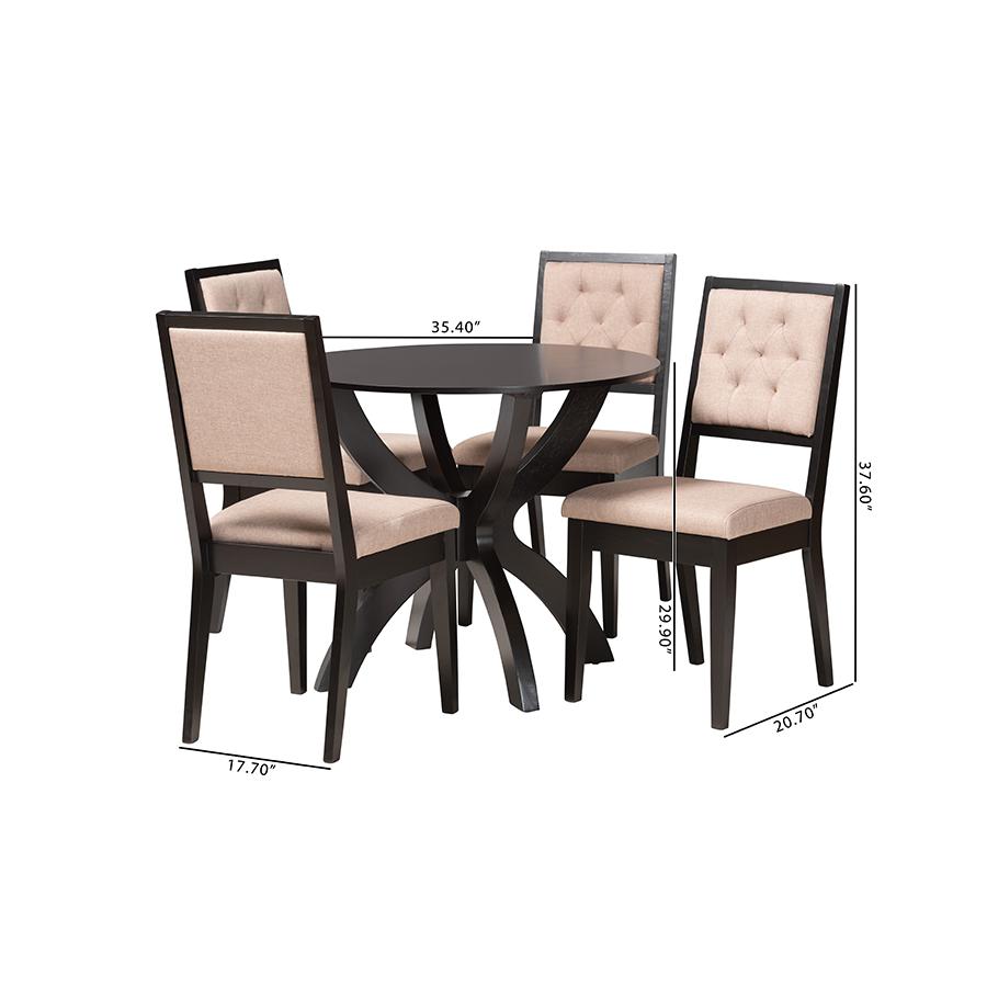 Noe Modern Sand Fabric and Dark Brown Finished Wood 5-Piece Dining Set. Picture 10