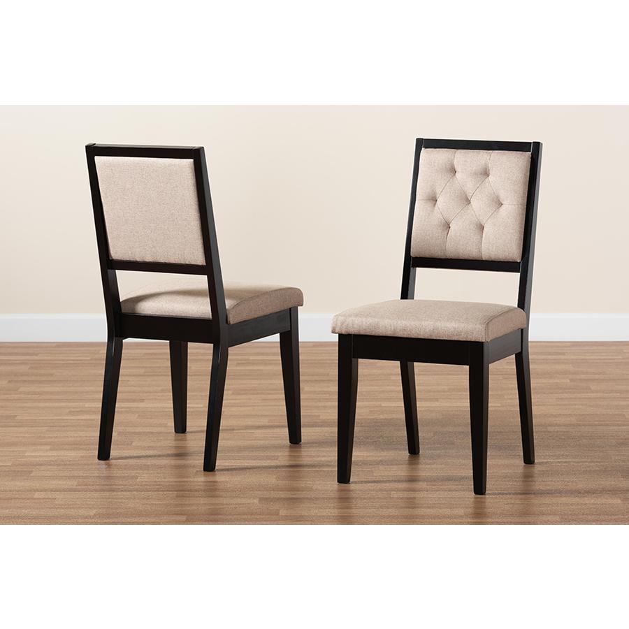 Sand Fabric Upholstered and Dark Brown Finished Wood 2-Piece Dining Chair Set. Picture 8