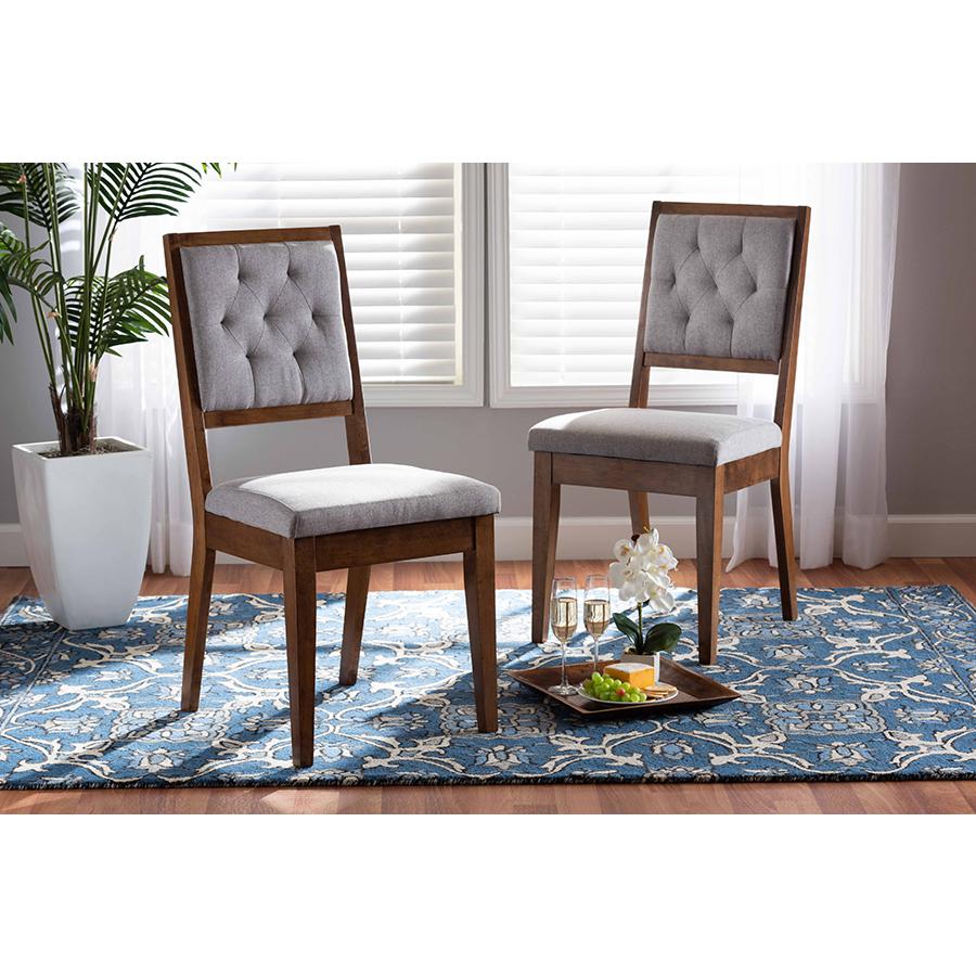 Baxton Studio Gideon Modern and Contemporary Grey Fabric Upholstered and Walnut Brown Finished Wood 2-Piece Dining Chair Set. Picture 2