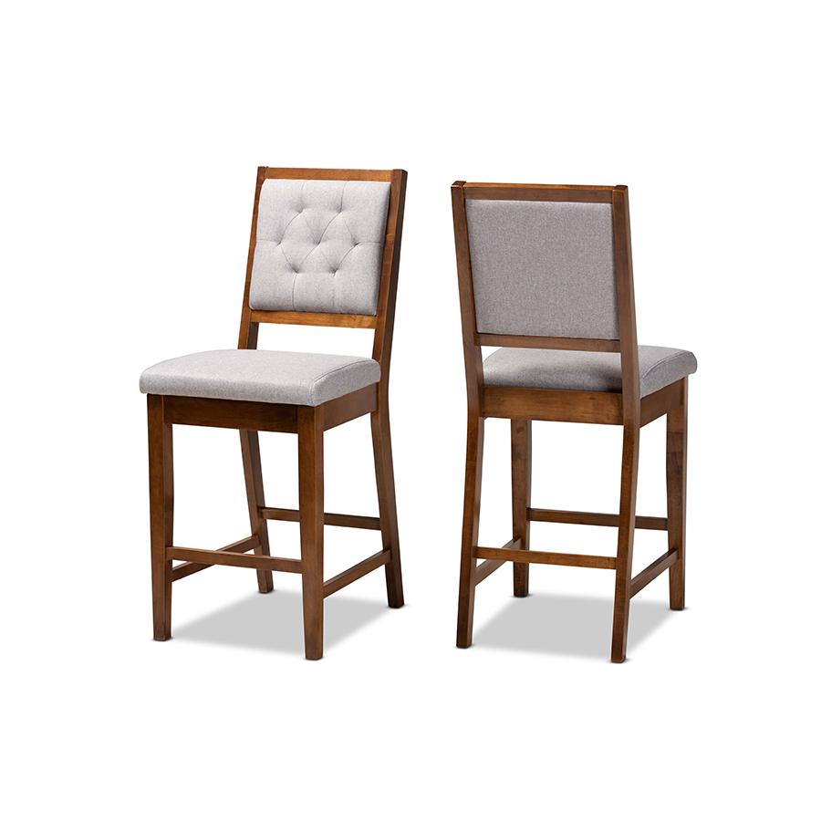 Grey Fabric Upholstered and Walnut Brown Finished Wood 2-Piece Counter Stool Set. Picture 1