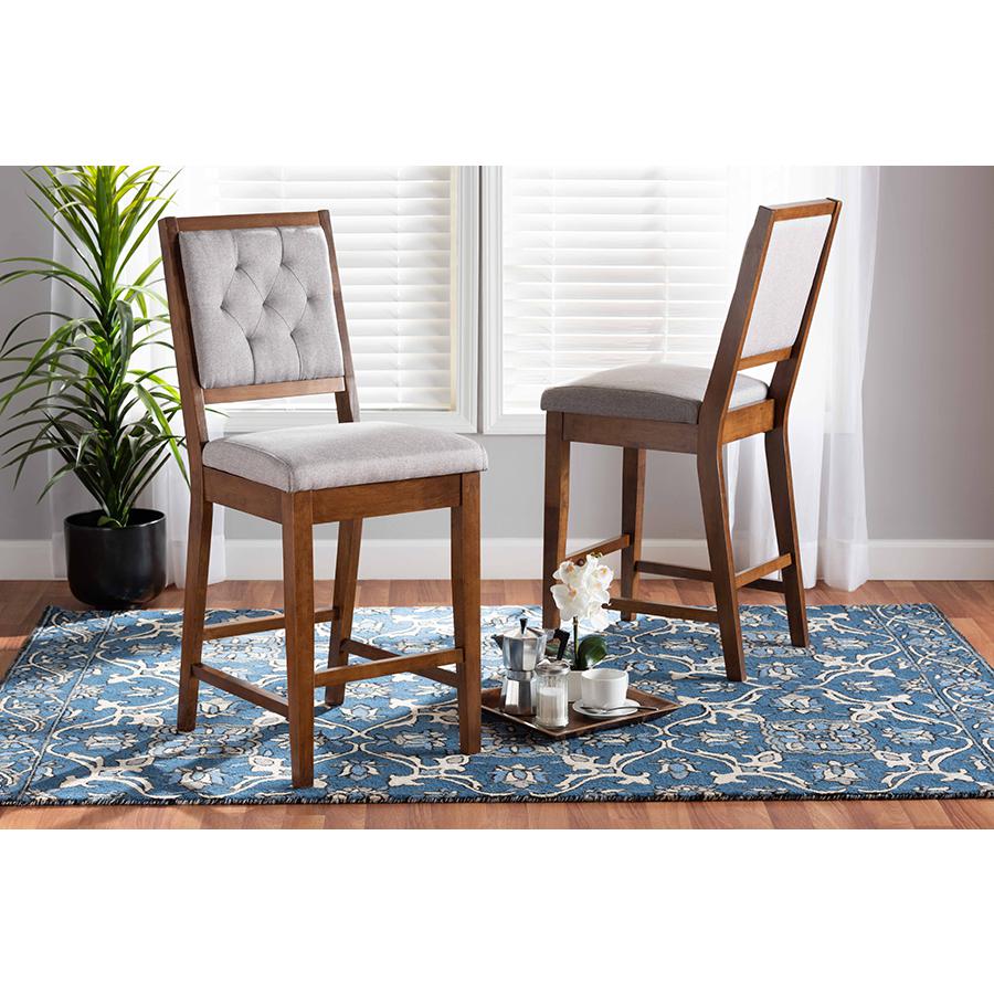 Grey Fabric Upholstered and Walnut Brown Finished Wood 2-Piece Counter Stool Set. Picture 7