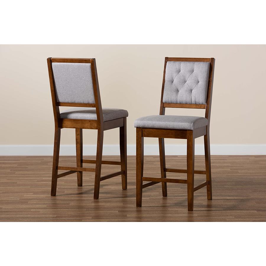 Grey Fabric Upholstered and Walnut Brown Finished Wood 2-Piece Counter Stool Set. Picture 8