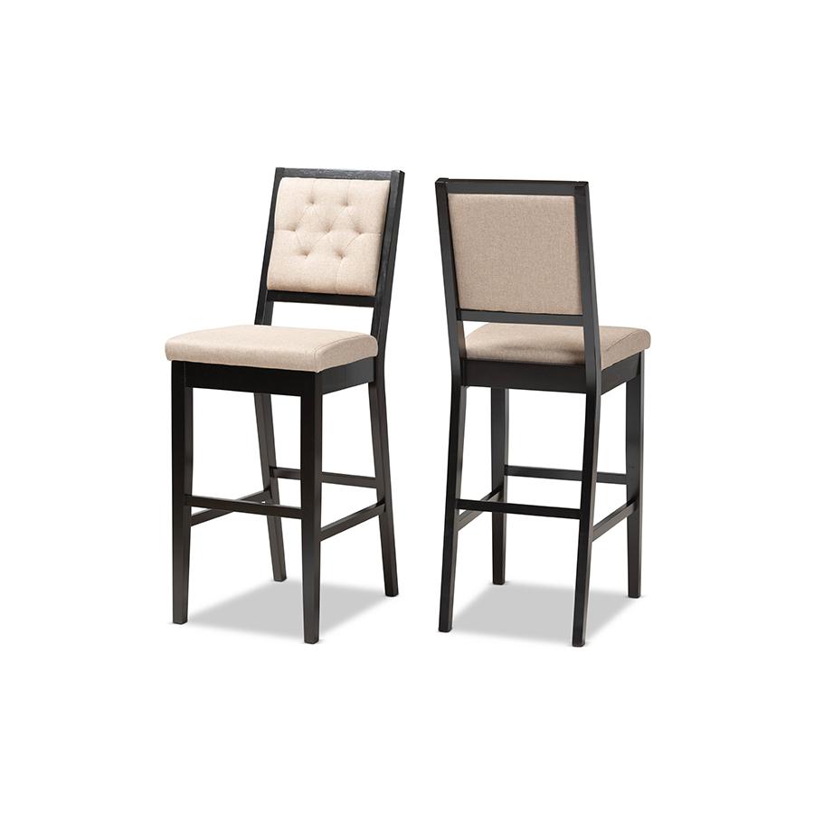Baxton Studio Gideon Modern and Contemporary Sand Fabric Upholstered and Dark Brown Finished Wood 2-Piece Bar Stool Set. Picture 2