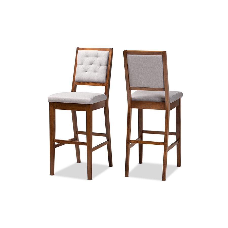 Baxton Studio Gideon Modern and Contemporary Grey Fabric Upholstered and Walnut Brown Finished Wood 2-Piece Bar Stool Set. Picture 2