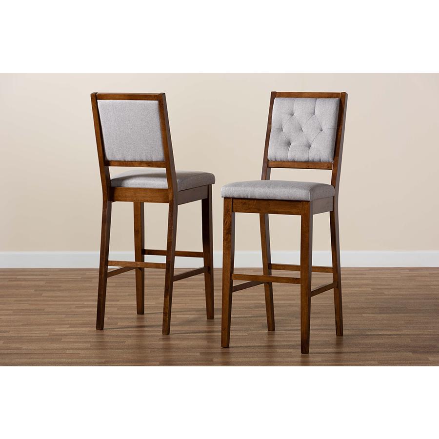Baxton Studio Gideon Modern and Contemporary Grey Fabric Upholstered and Walnut Brown Finished Wood 2-Piece Bar Stool Set. Picture 9