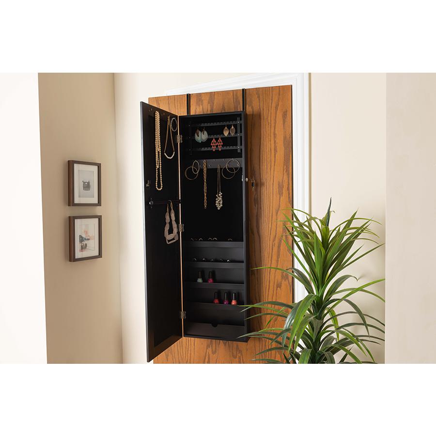 Black Finished Wood Hanging Jewelry Armoire with Mirror. Picture 8