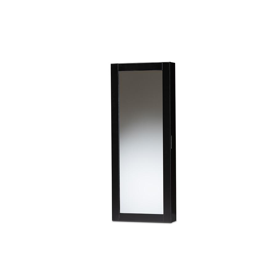 Black Finished Wood Wall-Mountable Jewelry Armoire with Mirror. Picture 1