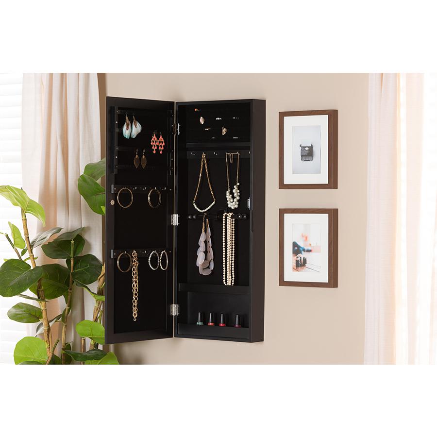 Black Finished Wood Wall-Mountable Jewelry Armoire with Mirror. Picture 8