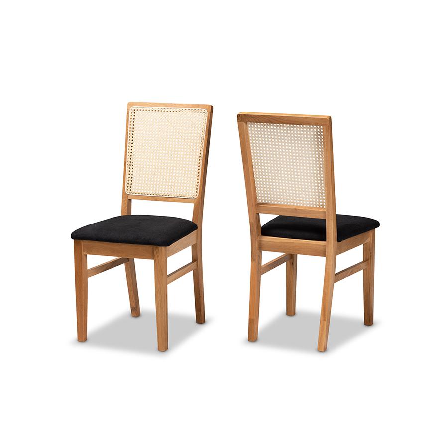 Black Fabric Upholstered and Oak brown Finished 2-Piece Rattan Dining Chair Set. Picture 1