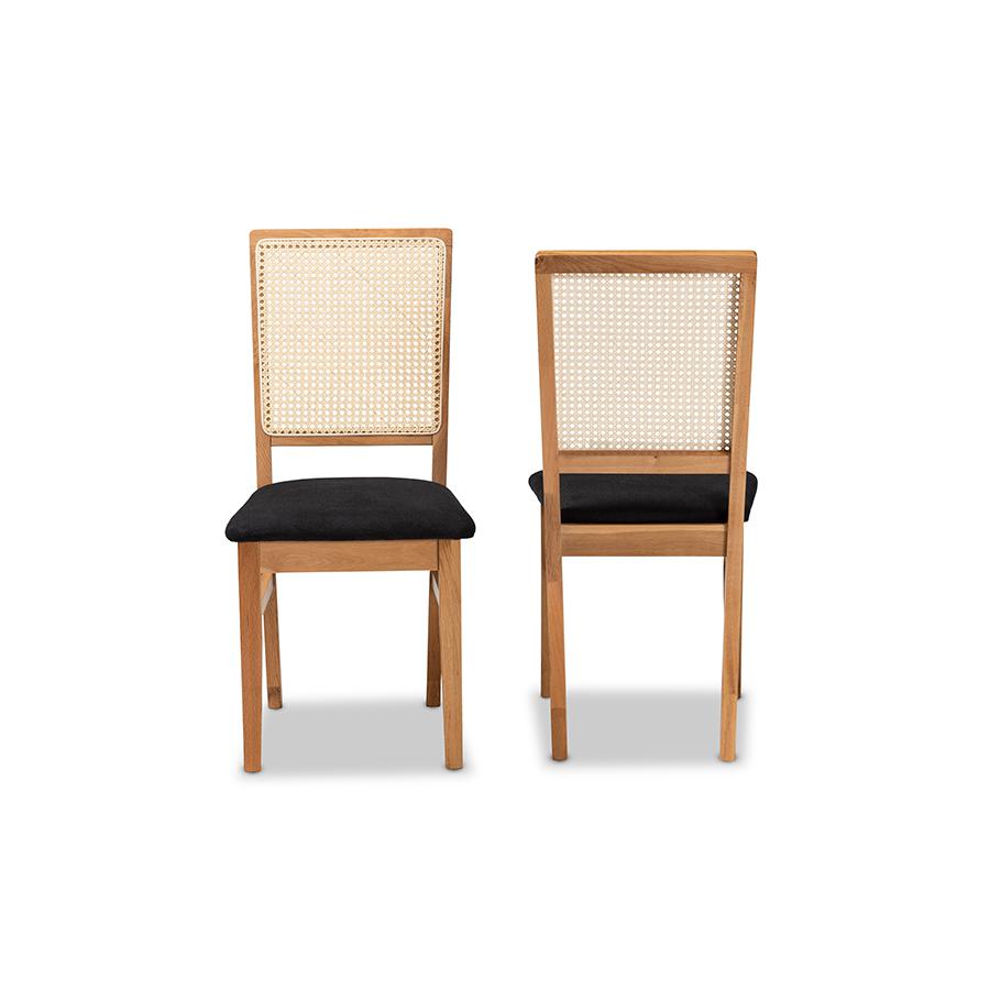 Black Fabric Upholstered and Oak brown Finished 2-Piece Rattan Dining Chair Set. Picture 2