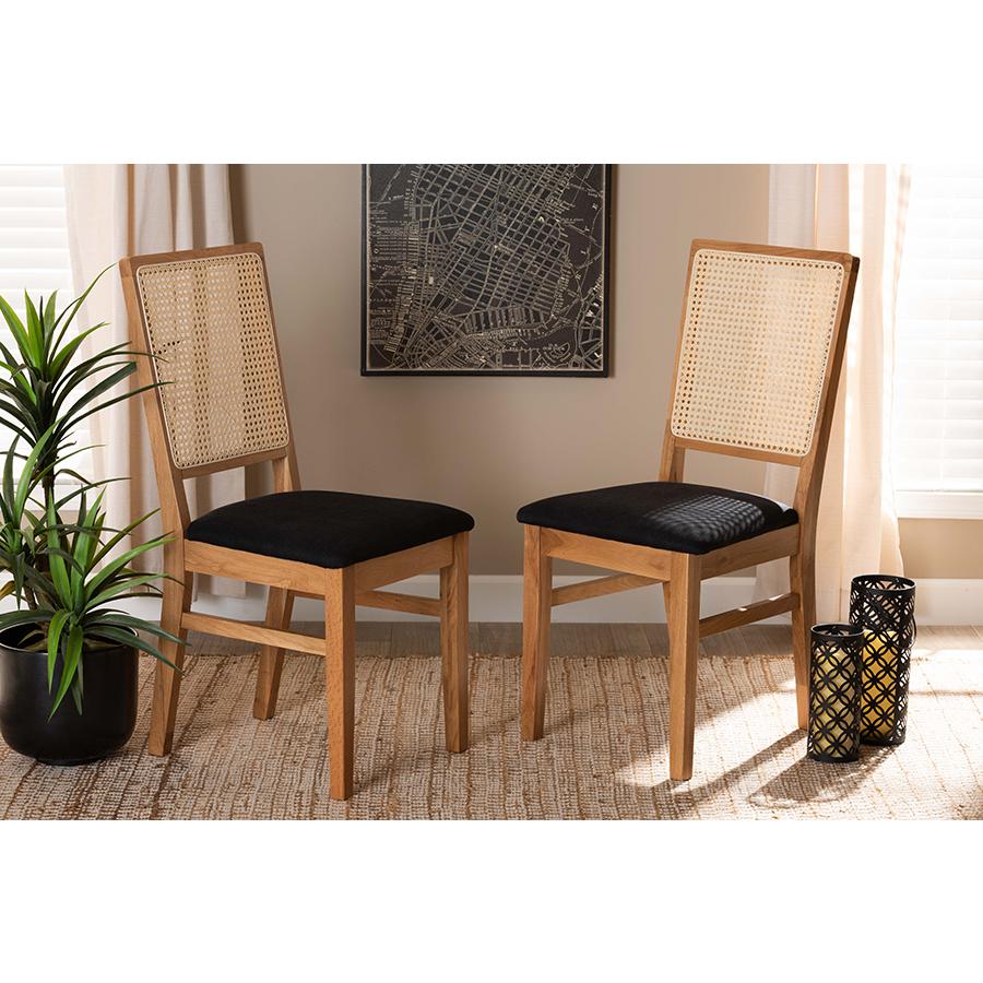 Black Fabric Upholstered and Oak brown Finished 2-Piece Rattan Dining Chair Set. Picture 7