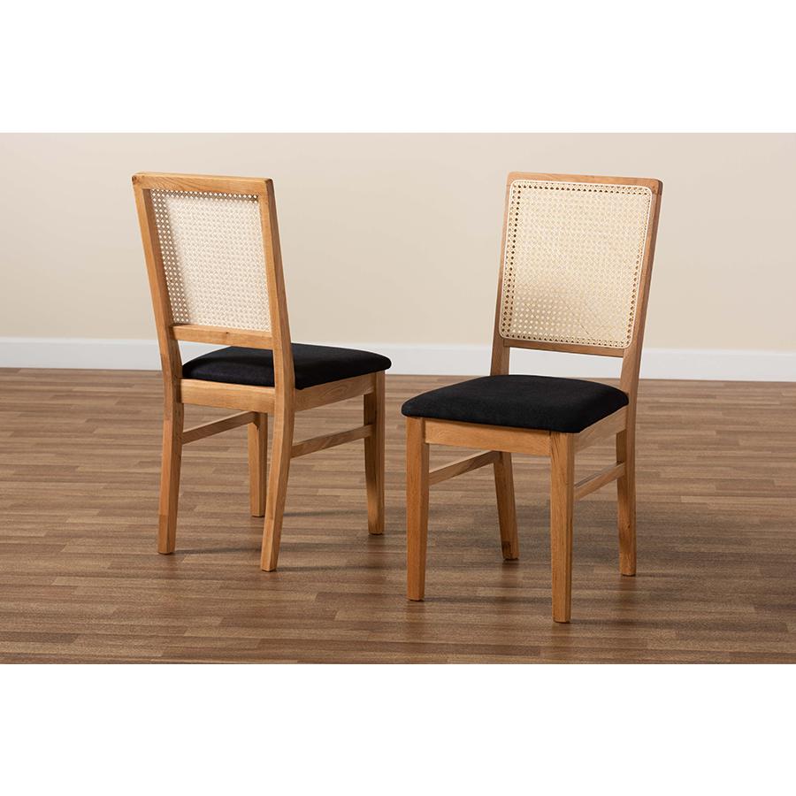 Black Fabric Upholstered and Oak brown Finished 2-Piece Rattan Dining Chair Set. Picture 8