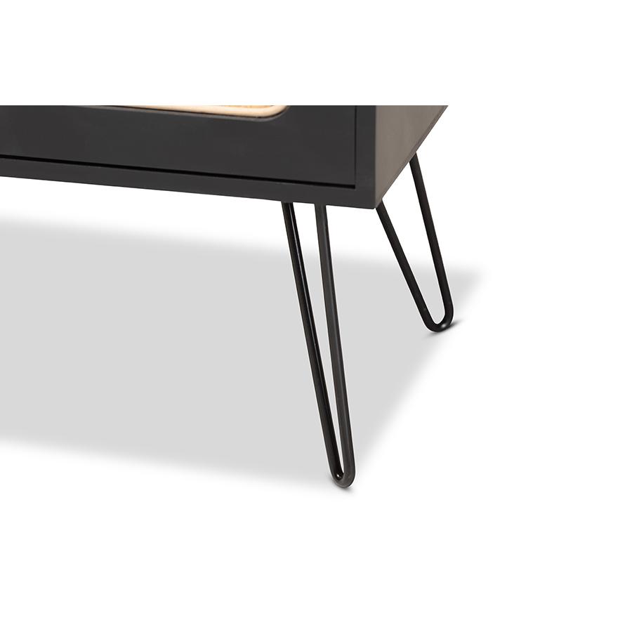 Espresso Brown Finished Wood and Black Metal 2-Door Sideboard Buffet with Rattan. Picture 6