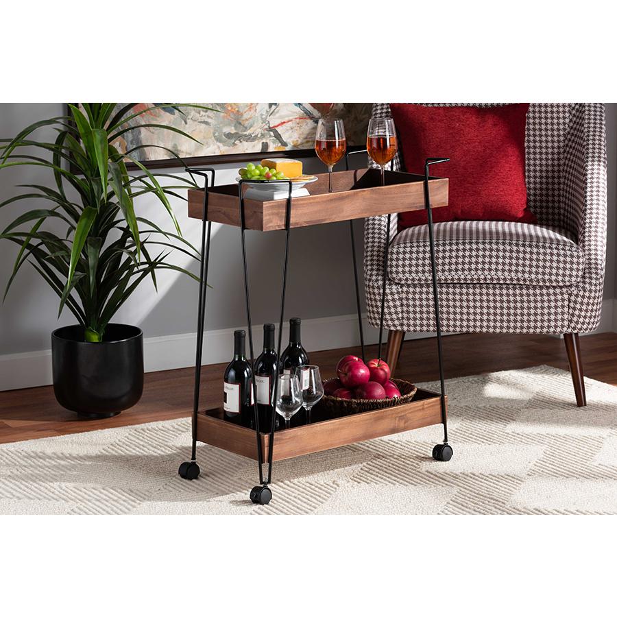 and Industrial Walnut Brown Finished Wood and Black Metal 2-Tier Wine Cart. Picture 7