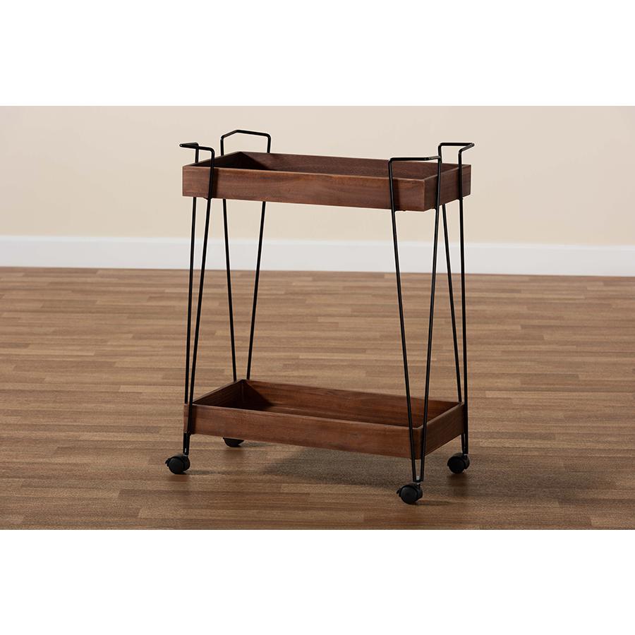 and Industrial Walnut Brown Finished Wood and Black Metal 2-Tier Wine Cart. Picture 8