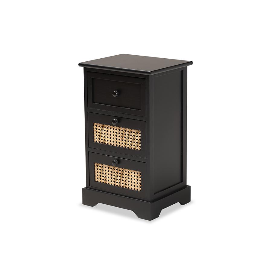 Baxton Studio Dacey Mid-Century Modern Transitional Espresso Brown Finished Wood and Rattan 3-Drawer Storage Cabinet. Picture 2
