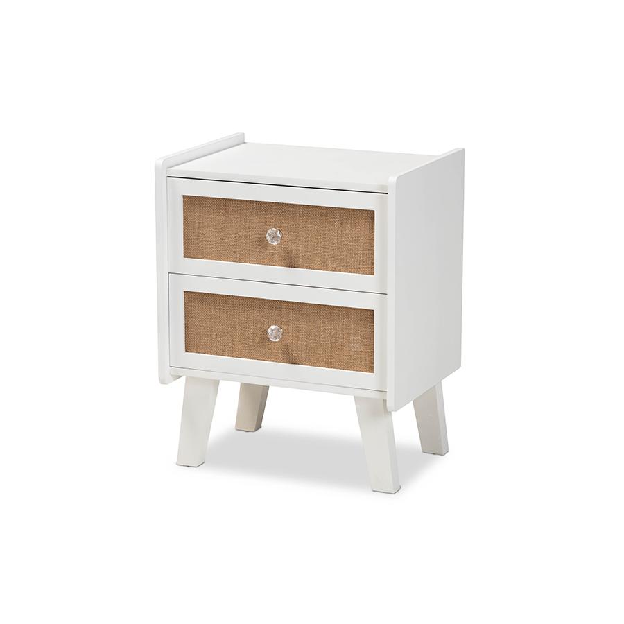 Baxton Studio Balta Mid-Century Modern Transitional Oak Brown Rattan and White Finished Wood 2-Drawer Nightstand. Picture 1