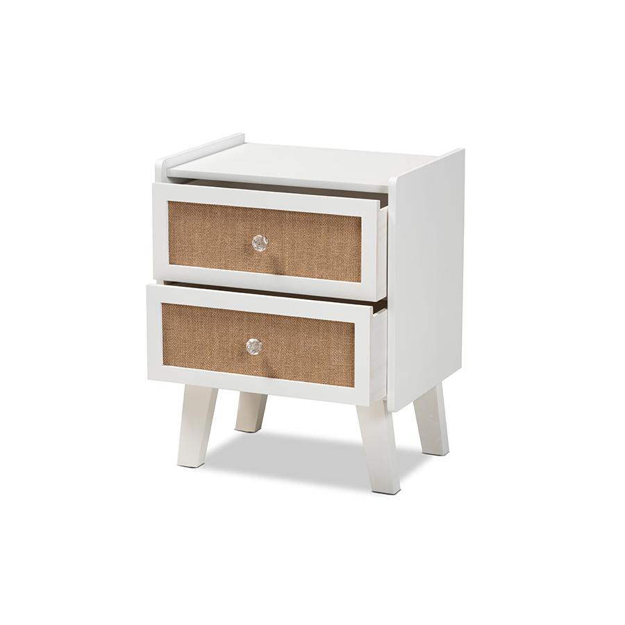 Baxton Studio Balta Mid-Century Modern Transitional Oak Brown Rattan and White Finished Wood 2-Drawer Nightstand. Picture 2