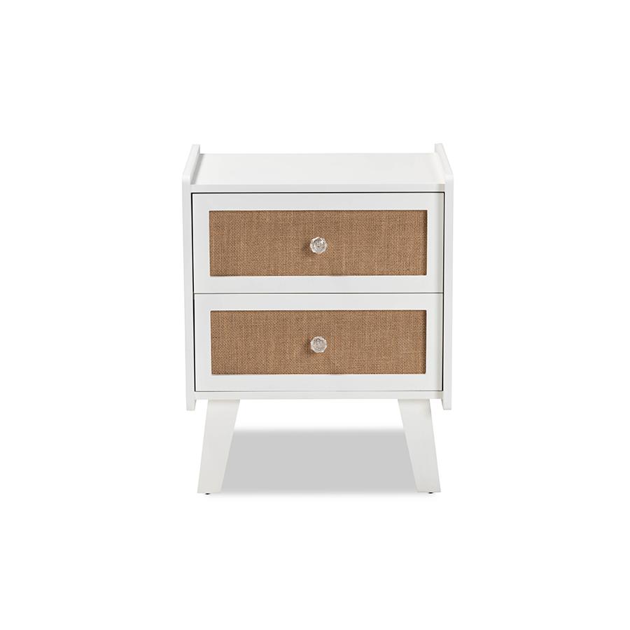 Baxton Studio Balta Mid-Century Modern Transitional Oak Brown Rattan and White Finished Wood 2-Drawer Nightstand. Picture 3