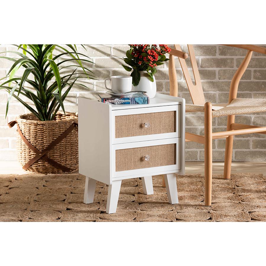 Baxton Studio Balta Mid-Century Modern Transitional Oak Brown Rattan and White Finished Wood 2-Drawer Nightstand. Picture 6