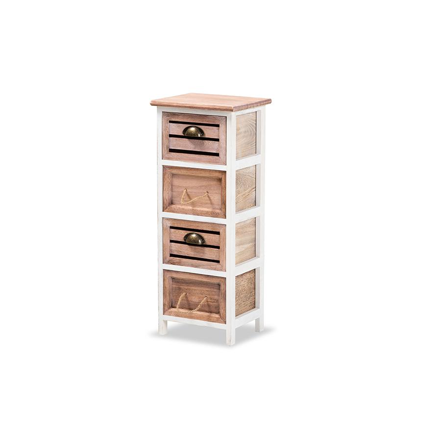 Two-Tone White and Oak Brown Finished Wood 4-Drawer Storage Unit. Picture 1