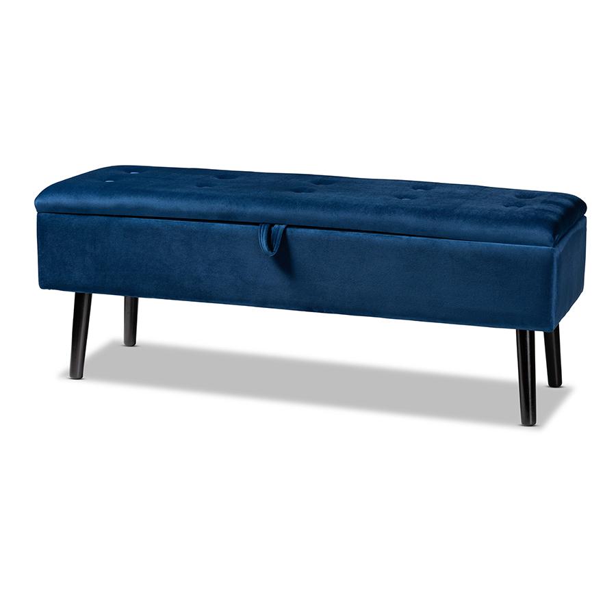 Navy Blue Velvet Fabric Upholstered and Dark Brown Finished Wood Storage Bench. Picture 1