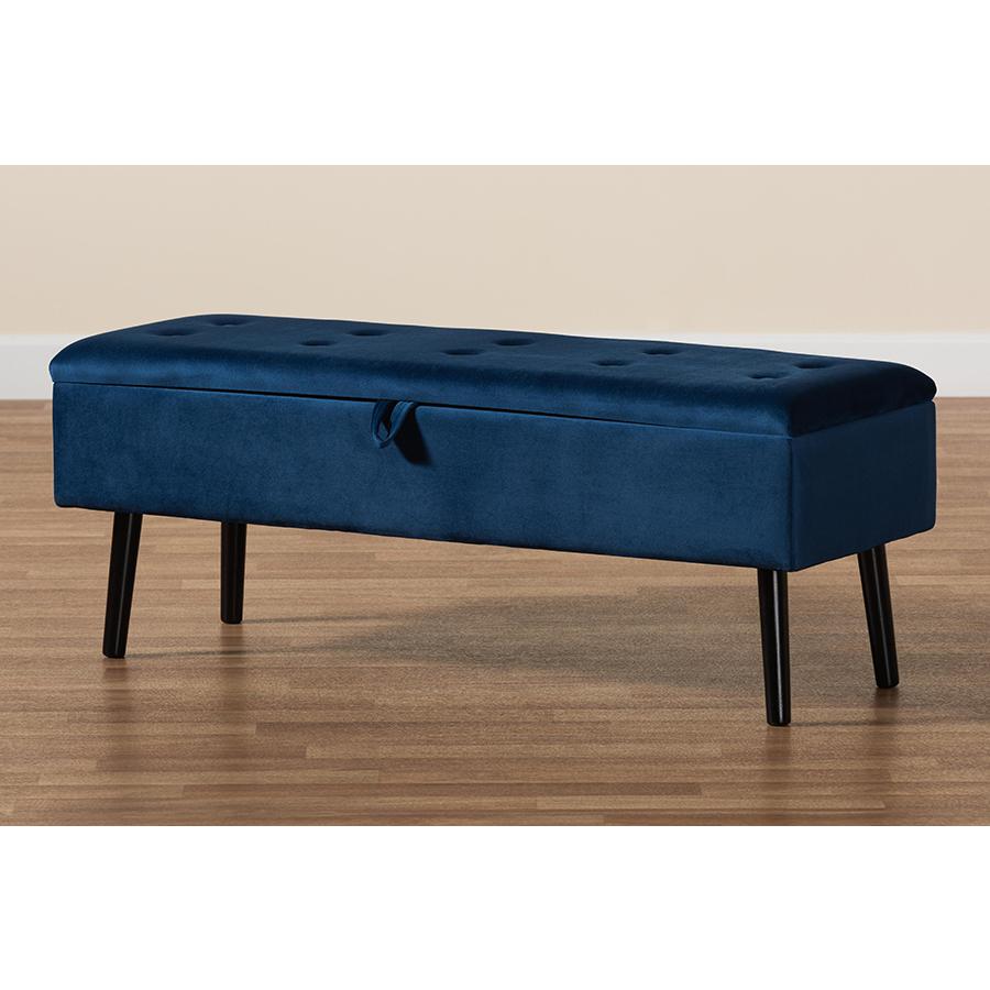 Navy Blue Velvet Fabric Upholstered and Dark Brown Finished Wood Storage Bench. Picture 11