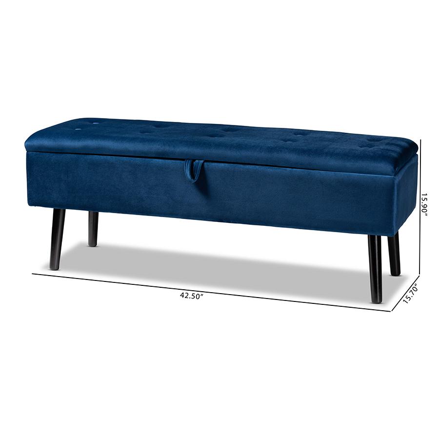 Navy Blue Velvet Fabric Upholstered and Dark Brown Finished Wood Storage Bench. Picture 12