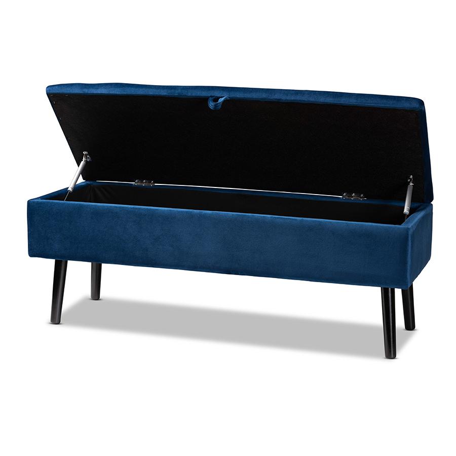Navy Blue Velvet Fabric Upholstered and Dark Brown Finished Wood Storage Bench. Picture 2