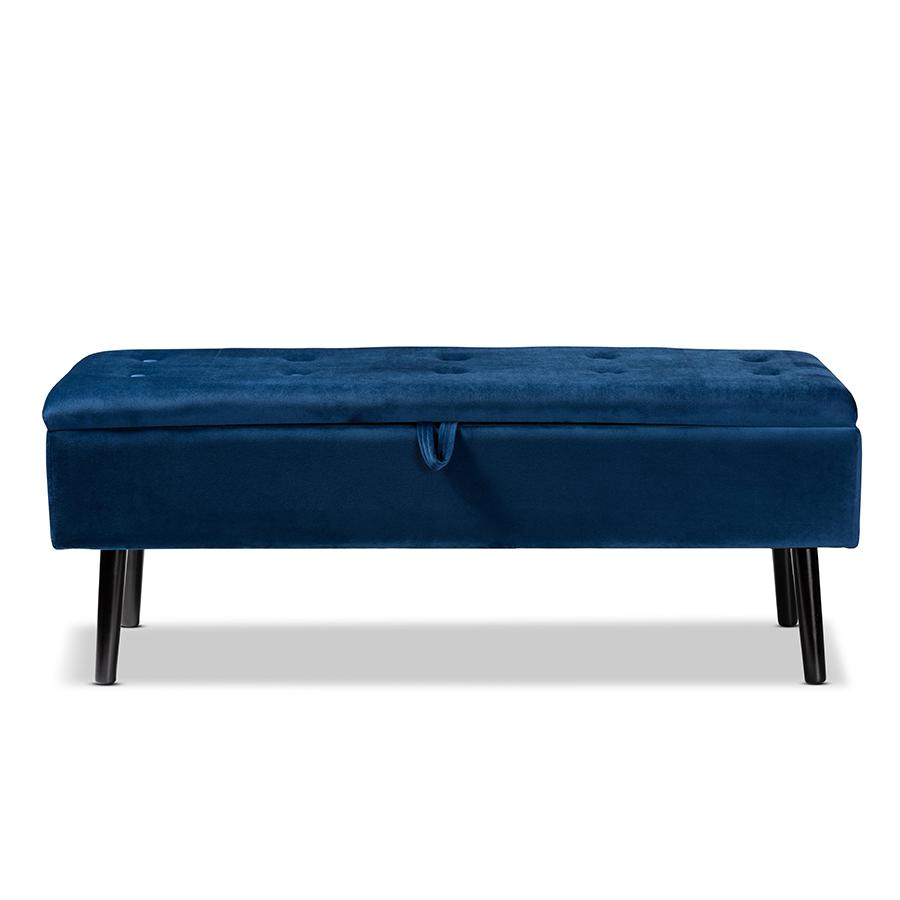 Navy Blue Velvet Fabric Upholstered and Dark Brown Finished Wood Storage Bench. Picture 3
