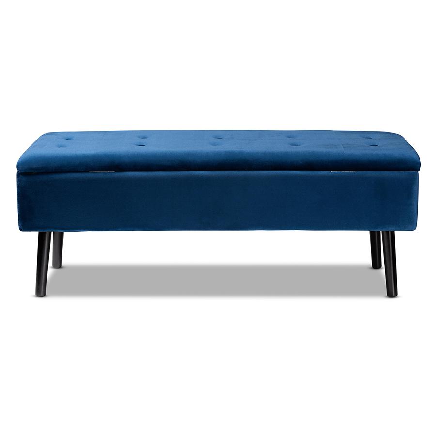 Navy Blue Velvet Fabric Upholstered and Dark Brown Finished Wood Storage Bench. Picture 5