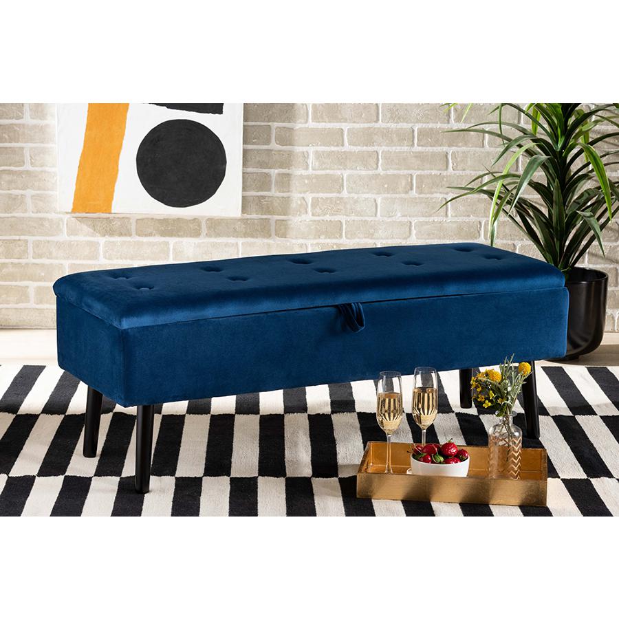 Navy Blue Velvet Fabric Upholstered and Dark Brown Finished Wood Storage Bench. Picture 9