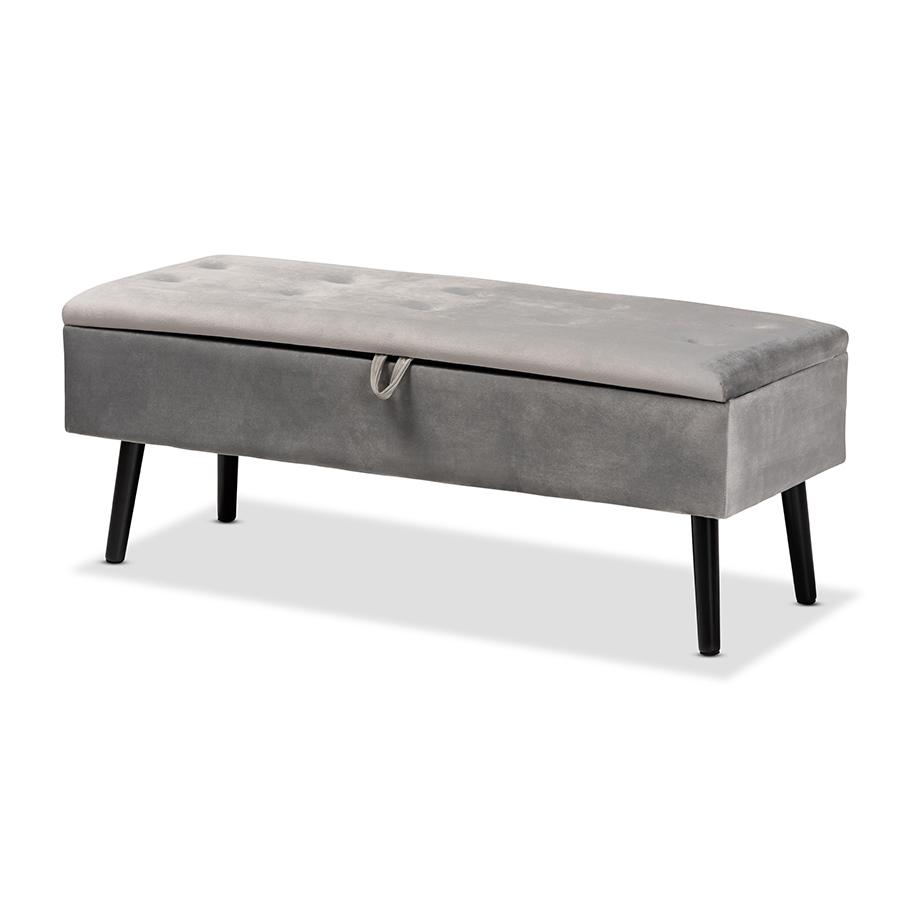 Grey Velvet Fabric Upholstered and Dark Brown Finished Wood Storage Bench. Picture 1