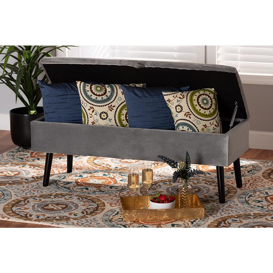 Grey Velvet Fabric Upholstered and Dark Brown Finished Wood Storage Bench. Picture 10