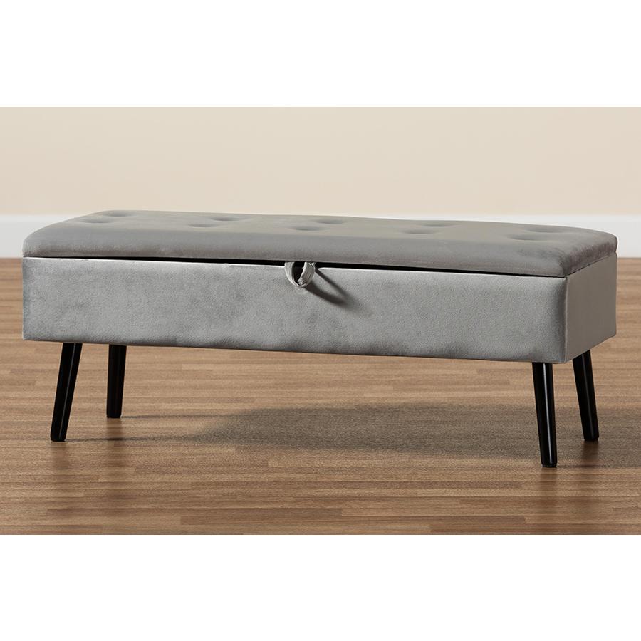 Grey Velvet Fabric Upholstered and Dark Brown Finished Wood Storage Bench. Picture 11
