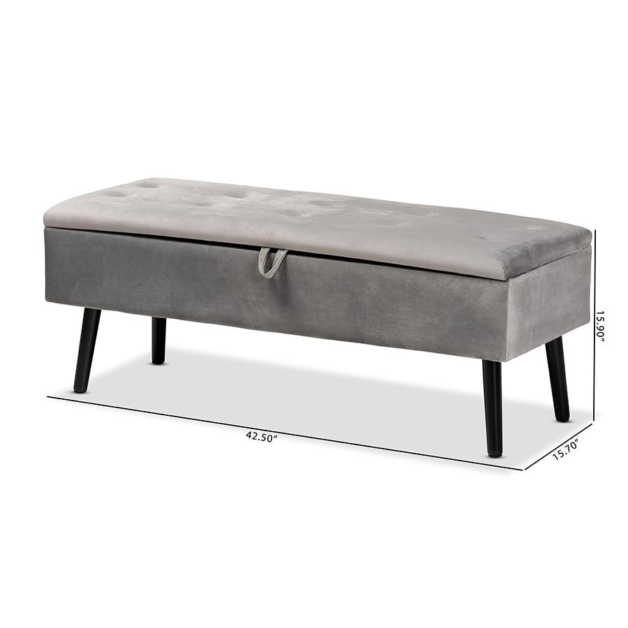 Grey Velvet Fabric Upholstered and Dark Brown Finished Wood Storage Bench. Picture 12